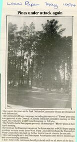 Photograph, Pine trees under attack at Park Orchards Community House. The Local Paper May 1994