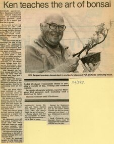 Newspaper, Bonsai classes at the Park Orchards Community House, with leacturer Ken Sargeant. Doncaster and Templestowe News 24 September 1985