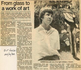 Newspaper, Leadlighting classes at the Park Orchards Community House, with instructor Karen Kane. Doncaster and Templestowe News 22 October 1985