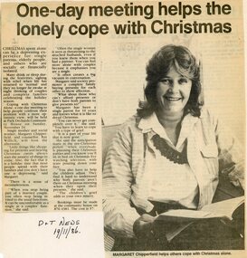 Newspaper, Christmas loneliness at the Park Orchards Community House, with Margaret Chipperfield and Ray Willich. Doncaster and Templestowe News 19 November 1986