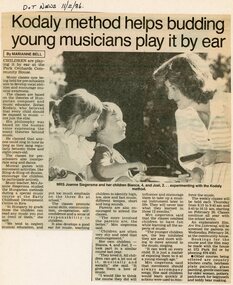 Newspaper, Pre-school music classes at the Park Orchards Community House, with teacher Joanne Siegersma. Doncaster and Templestowe News 11 February 1986