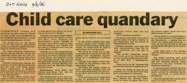 Newspaper, Child Care review at Park Orchards Community House and Donvale Living Centre. CHAOS (Community Houses Association of Outer Eastern Suburbs) and ANLC (Association of Neighbourhood Learning Centres). Doncaster and Templestowe News, 8 April 1986