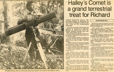 Newspaper, Viewing of Halley's Comet with Park Orchards' grocer Richard Sharp at Domeney Reserve, Knees Road in 1986