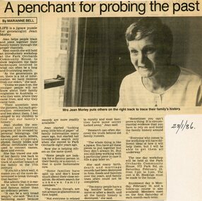 Newspaper, Genealogy course at Park Orchards Community House, with tutor Jean Morley. Doncaster and Templestowe News, 28 January 1986