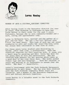Newspaper, Lorna Hooley's story, involved in Park Orchards Ratepayers Association, Doncasters-Templestowe Arts and Cultural Advisory Committee and  Park Orchards Community House, as well as cake decorating