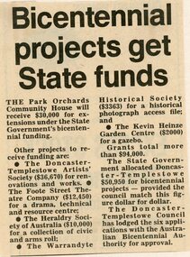 Newspaper, Funding for extensions at Park Orchards Community House. Circa 1987