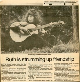 Newspaper, Guitar lessons at Park Orchards Community House, with instructor Ruth Grey. Doncaster and Templestowe News. Circa 1987