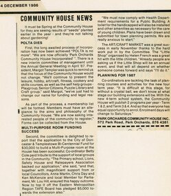 Newspaper, No longer POLTA but Park Orchards Community House Inc. The Local Paper, 4 December 1986