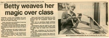 Newspaper, Weaving course at Park Orchards Community House, with tutor Betty McKenzie. Doncaster and Templestowe News, 14 October 1986