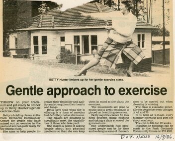 Newspaper, Gentle exercise course at Park Orchards Community House, with tutor Betty Hunter. Doncaster and Templestowe News, 16 September 1986