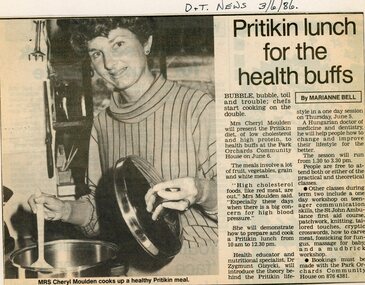Newspaper, Pritikin diet course at Park Orchards Community House, with tutor Cheryl Moulden. Doncaster and Templestowe News, 3 June 1986