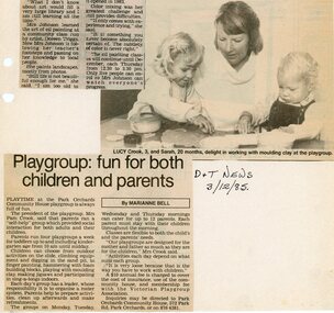 Newspaper, Playgroup at Park Orchards Community House, with teacher Pam Crook. Doncaster and Templestowe News, 3 December 1985