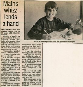 Newspaper, Maths class at Park Orchards Community House, with 11 year-old teacher, Martin Hewitt, Park Orchards Primary School pupil. Circa 1985