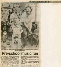 Newspaper, Pre-school music class at Park Orchards Community House, with teacher Laurel Stewart. Doncaster and Templestowe News, 31 March 1987
