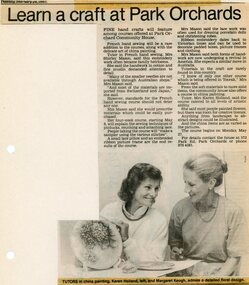 Newspaper, French hand sewing class at Park Orchards Community House, with teacher Shirley Mason. February 1984