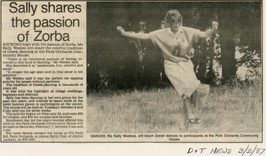 Newspaper, Greek dancing class at Park Orchards Community House with tutor Sally Weekes. Doncaster and Templestowe News 3 February 1987