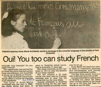 Newspaper, French classes at Park Orchards Community House with tutor Anne-Marie Archibald. Circa 1987
