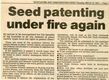 Newspaper, Discussing plant varieties at Park Orchards Community House with Department of Agriculture's John Blackstock. Doncaster and Templestowe News, 10 March 1987