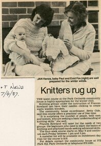 Newspaper, Knitting groups at Park Orchards Community House with Frances Rowland. Doncaster and Templestowe News, 7 April 1987