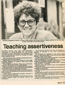 Newspaper, Assertiveness classes at Park Orchards Community House with tutor Sharne West. April 1987
