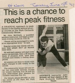 Newspaper, Aerobics classes at Park Orchards Community House, with instructor John McGrath. Doncaster and Templestowe News 6 June 1987