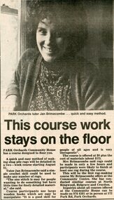 Newspaper, Rug making course at Park Orchards Community House, with tutor Jan Brimacombe. Circa 1987