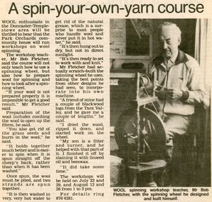 Newspaper, Wool spinning course at Park Orchards Community House, with tutor Bob Fletcher. Circa 1987