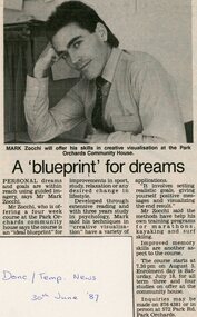Newspaper, Guided imagery course at Park Orchards Community House, with tutor Mark Zocchi. Doncaster and Templestowe News 30 June 1987