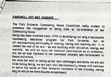 Newspaper, Betty Cole resignation from Park Orchards Community House, involved since 1978. POPS Paper Jun 87