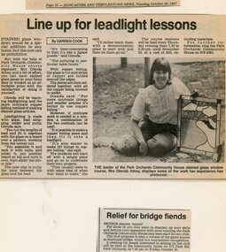 Newspaper, Leadlighting course at Park Orchards Community House, with Glenda Athey.  Doncaster and Templestowe News 20 October 1987