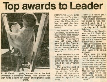 Newspaper, Best photograph award at Park Orchards Community House, by Ellen Smith.  Doncaster and Templestowe News 27 October 1987