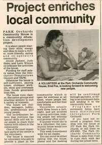 Newspaper, Community development education at Park Orchards Community House.  1988
