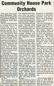 Newspaper, Writing workshops at Park Orchards Community House with Michael Sharkey.  The Local Paper 9 May 1988