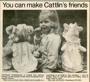 Newspaper, Material toys workshops at Park Orchards Community House. Doncaster and Templestowe News 24 May 1988