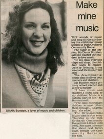 Newspaper, Children's music sessions at Park Orchards Community House with teacher Diane Bunston.   Doncaster and Templestowe News 30 August 1988