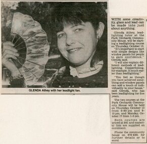 Newspaper, Leadlighting course at Park Orchards Community House with tutor Glenda Athey. Doncaster and Templestowe News 20 September 1988