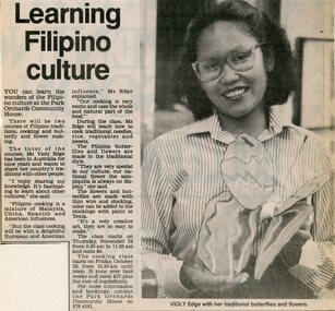 Newspaper, Filipino culture course at Park Orchards Community House with tutor Violy Edge. Doncaster and Templestowe News 12 October 1988