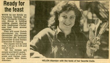 Newspaper, Christmas cooking courses at Park Orchards Community House with tutor Helen Atamian. Doncaster and Templestowe News 2 November 1988