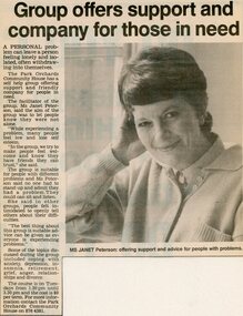 Newspaper, Personal support group at Park Orchards Community House with leader Janet Peterson. Doncaster and Templestowe News 16 November 1988