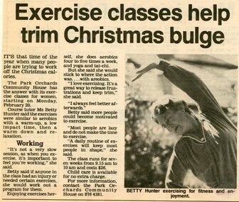 Newspaper, Exercise classes at Park Orchards Community House, with Betty Hunter. Doncaster and Templestowe News 1 February 1989