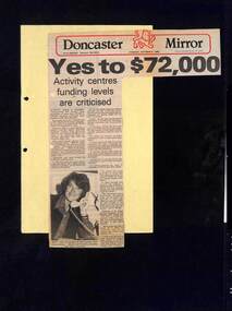 Newspaper, Funding requests for POLTA (Park Orchards Leisure Time Activities) at Park Orchards Community House with  Betty Cole. Doncaster Mirror 4 October 1983