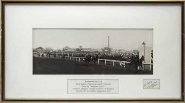 Photograph - Wooden framed photo finish, Meadow Lark. 25/2/1929 - Association Handicap (2nd Division),  Owner V Dullard, Trainer and Driver R.Shadbolt. Bred by MrJ.F.Hillier, Shepparton East