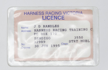 Card - Membership, Harness Racing Victoria Licence Season 1994/95