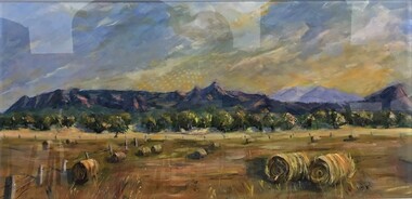 painting, Heather Featherson, Hay Bales and view of the Grampians by Heather Featherson, 2005