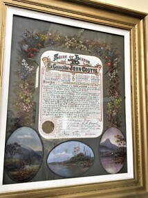 Hand painted record, Arnall & Jackson, Address to Councillor John Coutts, c1912