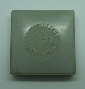Grey medal case, Grey medal case containing gold medal from 1963 Victorian Paraplegic Games - Shot Put - Kevin Coombs, 1960