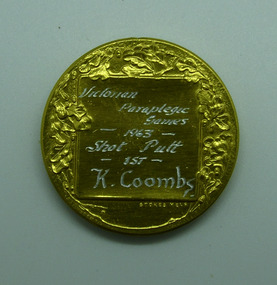 Gold medal, Gold medal from 1963 Victorian Paraplegic Games - shot put - Kevin Coombs, 1963