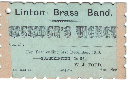 Small card membership ticket for Linton Brass Band. Unused.