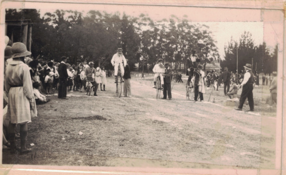 Penny farthing races at sports day.