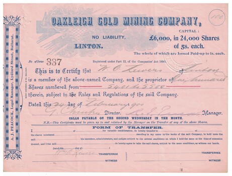 Share certificate for gold mine.
